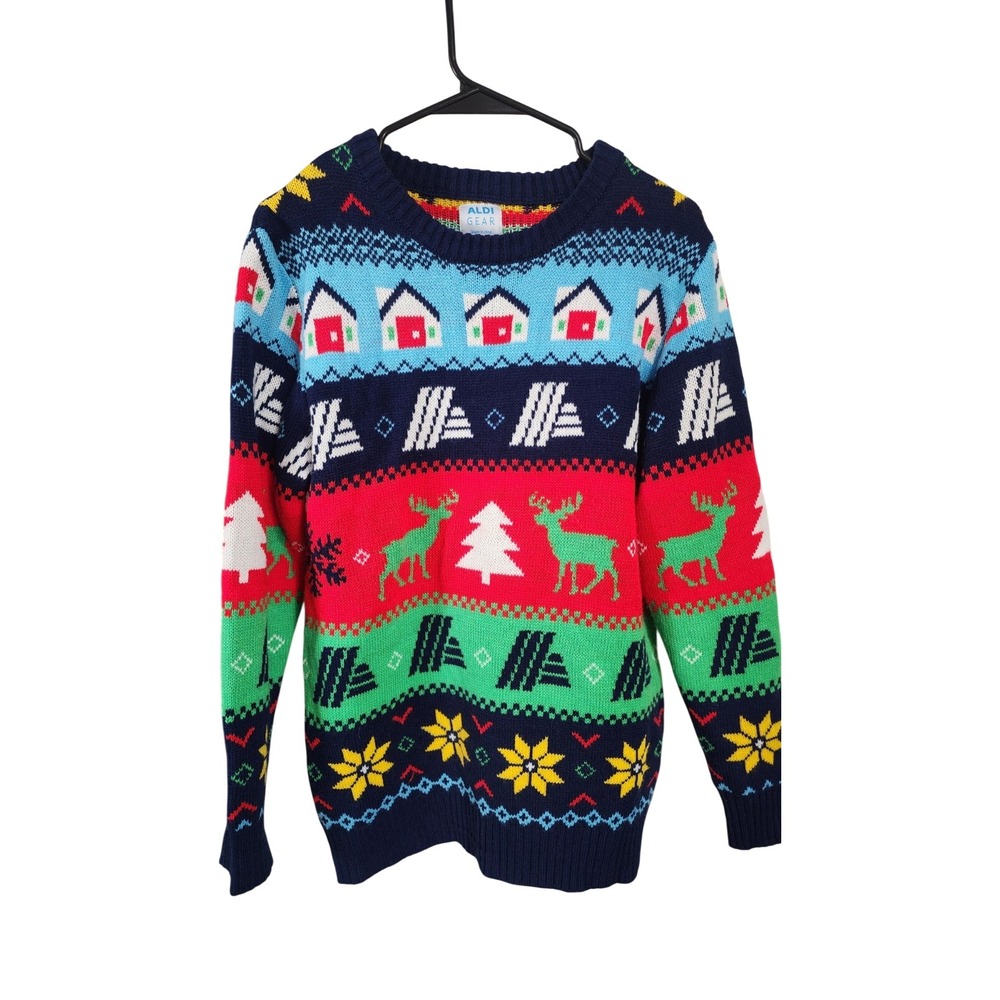 Aldi Gear Mens Small‎ Holiday Fair Isle Ugly Christmas Knit Sweater Navy Multi